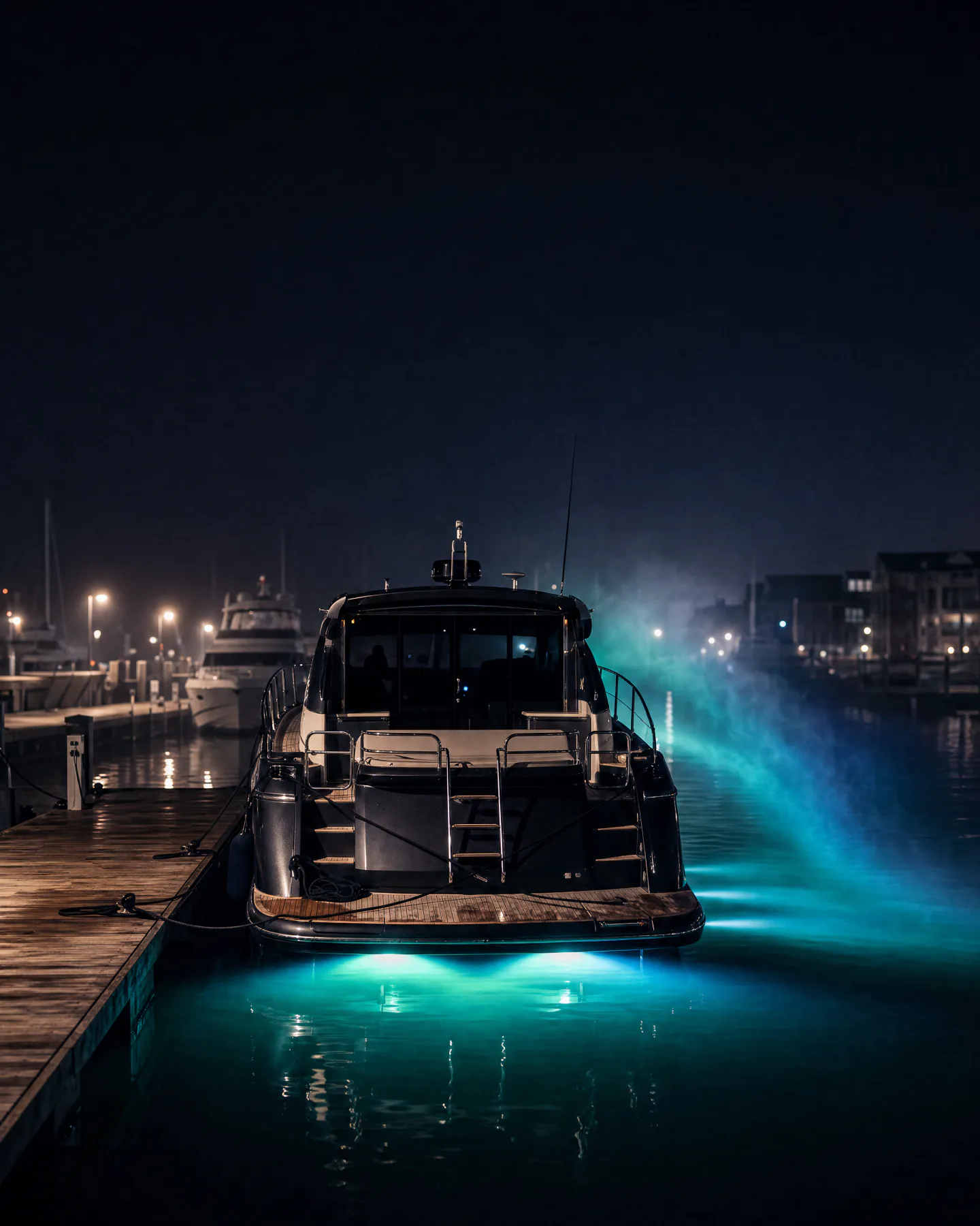 Heck einer Motoryacht mit Unterwasserlicht in der Nacht