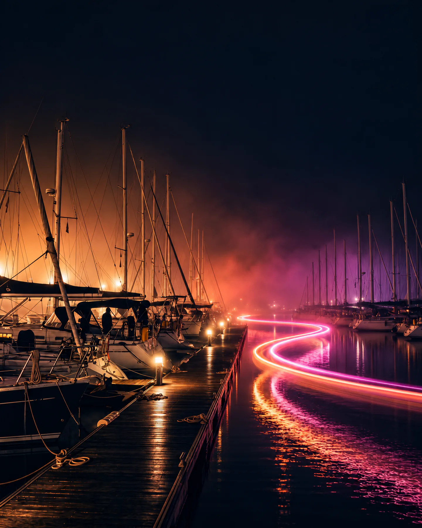Marina mit Segelmasten im farbigen Nebel