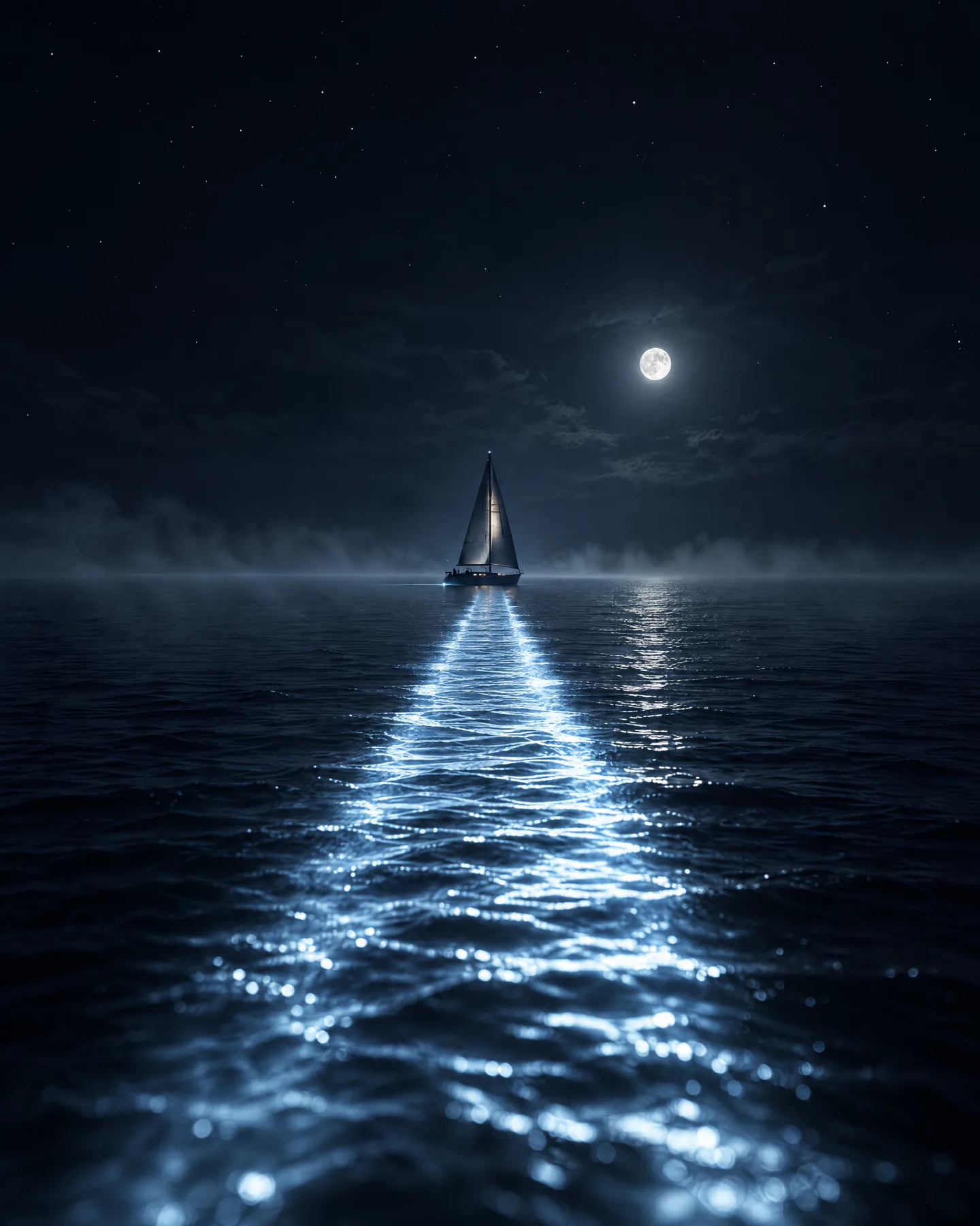 Segelyacht auf einem Lichtpfad über dem nächtlichen Meer