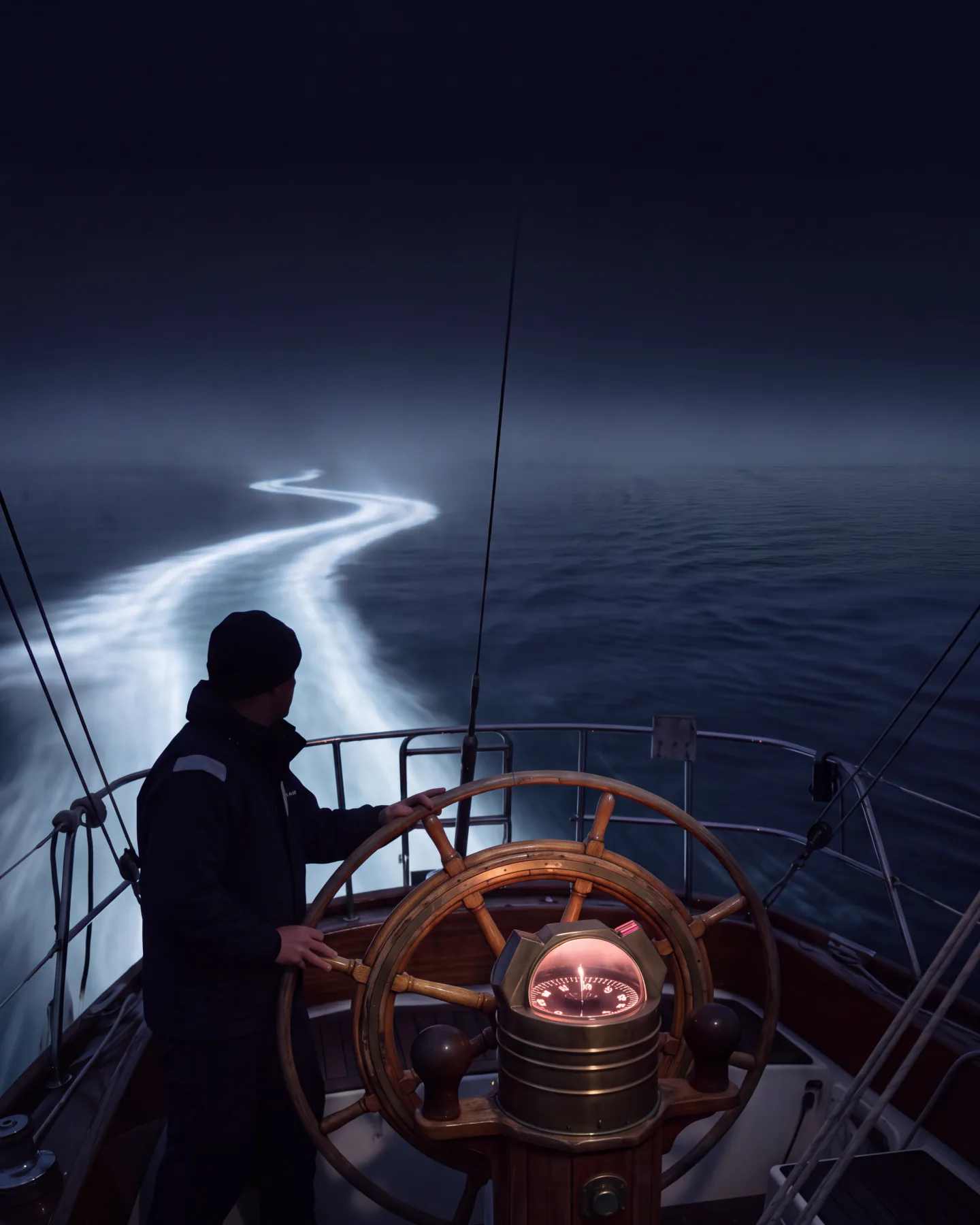 Steuerrad und Plotter einer Segelyacht bei Nacht