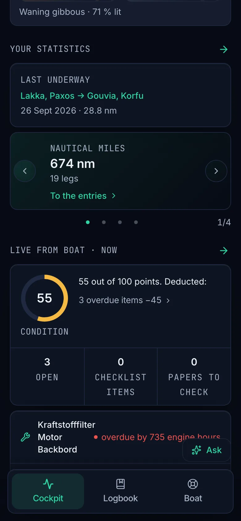 Cockpit in the app: your statistics with 674 nm this season