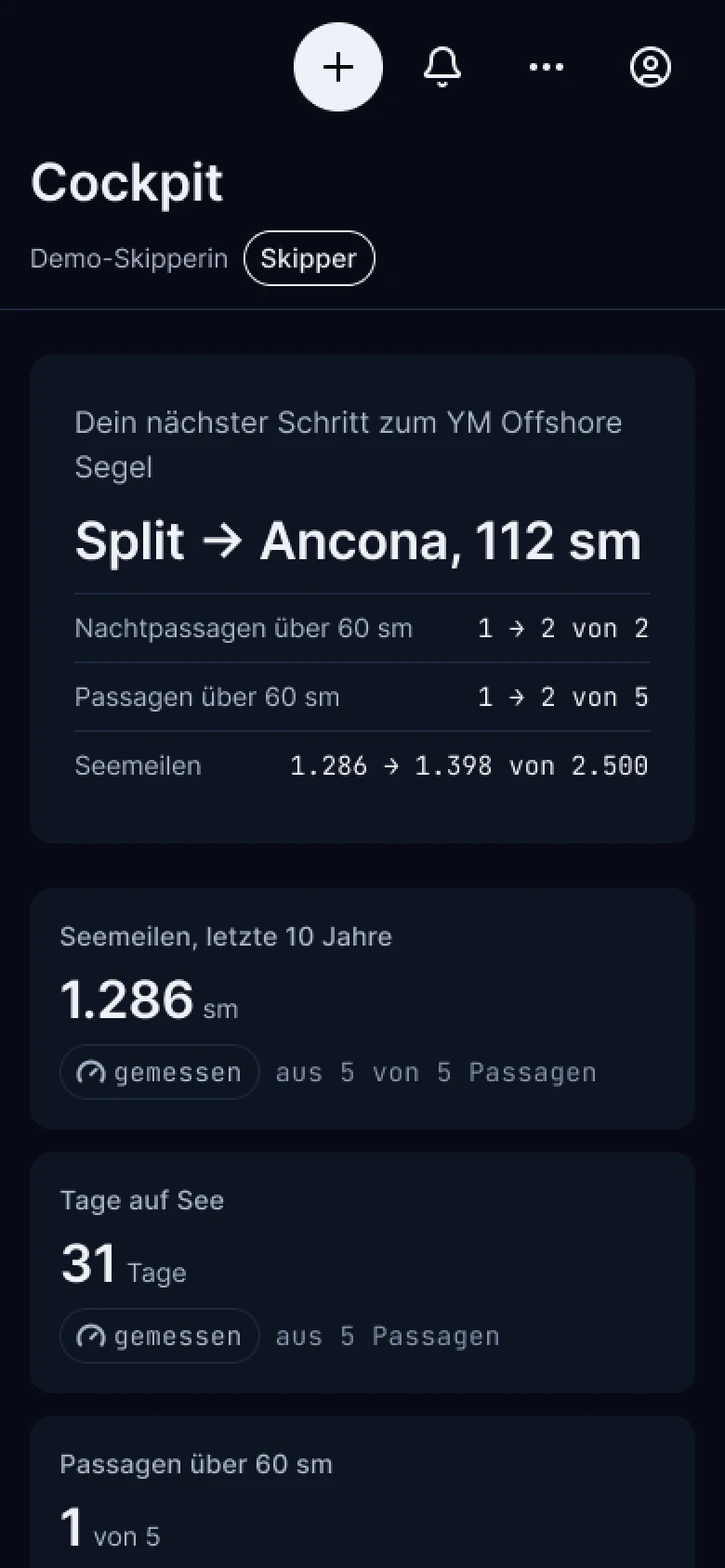 Cockpit der Skipperin in der App: nächster Schritt zum YM Offshore Segel, 1.286 sm in zehn Jahren, 31 Tage auf See