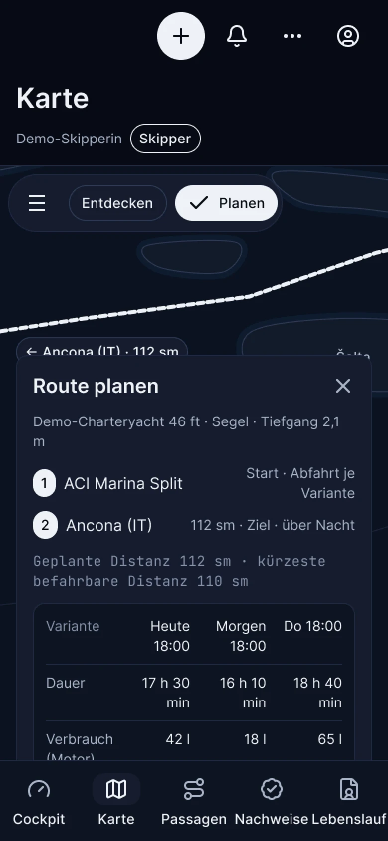 Route planen in der App: von Split nach Ancona über Nacht, drei Abfahrten mit Dauer, Verbrauch und Diesel